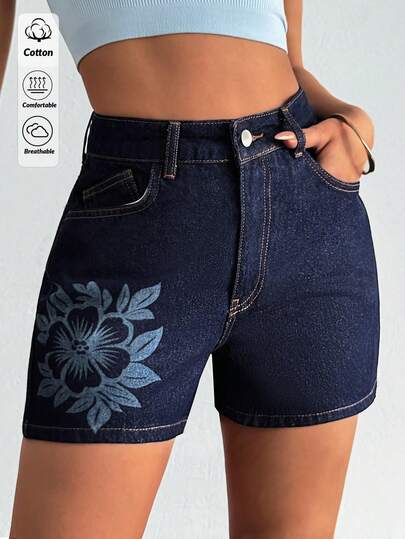 EURMUSE Short en jean à taille haute avec imprimé floral bleu foncé et poches pour femmes