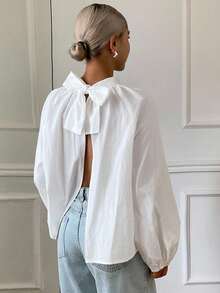 Livesso 女式夏季露背蝴蝶结长袖衬衫学院风上衣秋季上衣 - 白色 - 查看 3