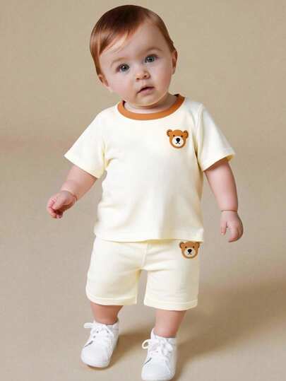 2 piezas Conjunto de ropa casual para niño: Camiseta de manga corta de cuello redondo + Pantalones cortos, Adorable estampado de oso, Tela cómoda, Adecuado para uso al aire libre en verano