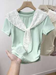 SHEIN Women's Casual Round Neck Colorblock Lace Patchwork Short Sleeve T-Shirt - Cadet Blue - View 1