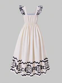 SHEIN ChillGRL 女童几何印花吊带短袖收腰夏季连衣裙 - 杏色 - 查看 5