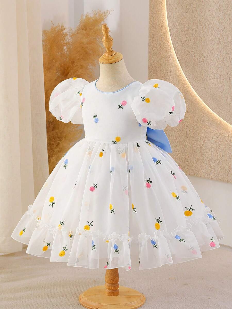 Glamorique Kids 小女孩彩色刺绣花朵连衣裙，短款花瓣袖公主裙，蓬蓬裙摆，儿童派对服装，适合节日、婚礼、派对等场合，后背饰有蝴蝶结。 - 米色 - 查看 1