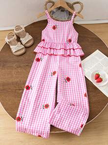 女童休闲可爱粉色格子印花连体裤，百搭时尚，春夏新品 - 粉色 - 查看 5