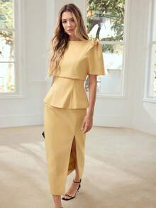 MOTF PREMIUM Bộ trang phục nữ thanh lịch 2 món, áo peplum và chân váy họa tiết hoa 3D, thích hợp cho mùa xuân/hè. - Màu Mù tạt vàng - Xem 6