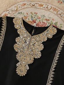 优雅中东传统金色蕾丝边宽松长袖连衣裙，适合少女穿着，可用于节日、派对、送礼，春夏秋季皆宜。 - 黑色 - 查看 8