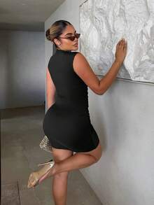 Maria Perezxox Solid Color Pleated Bodycon Sleeveless Dress,Summer Dresses For Women - Black - View 4