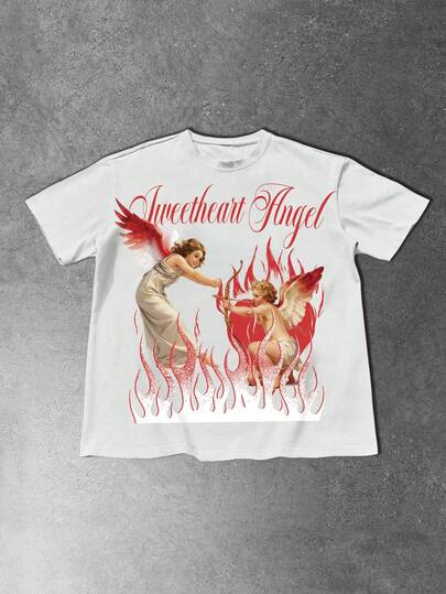 GALLERY FADE 一件超大款印花短袖T恤，宽松版型，露肩袖设计，趣味图案印花，休闲街头风，时尚现代设计，适合年轻潮人，日常穿着，假日/送给男友的礼物