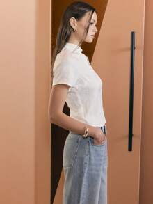 Nöista White Blouse Features A Flower Jacquard Texture, Short Sleeves, And A Keyhole Neckline With A Mandarin Collar Button. Spring, Summer Looks, Outfit, Women. - White - View 6