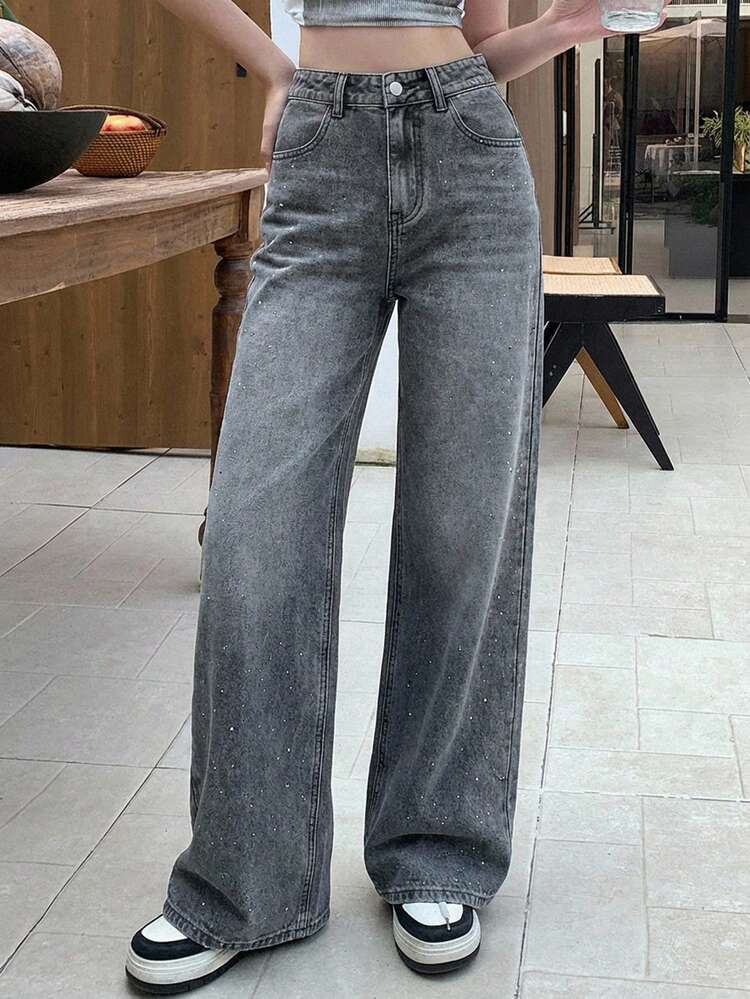 Women's High Waist Pockets Loose Casual Wide Leg Jeans