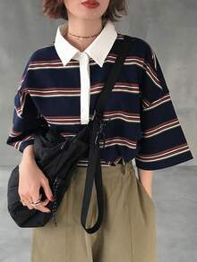 FRIFUL Áo thun polo cổ rộng dáng suông kẻ sọc vai rớt dành cho nữ - Màu xanh lam - Xem 4