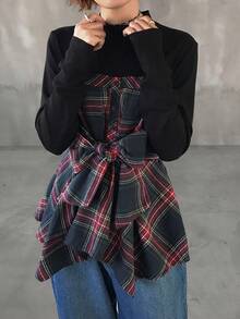 FRIFUL Plaid Patchwork High Neck Long Sleeve Waist Tie Cinched Waist Slimming Casual Versatile Shirt - Blue - View 6