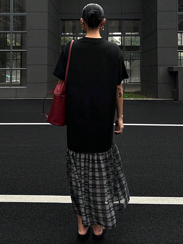 Plaid Patchwork Crew Neck Midi T-Shirt Dress For Women