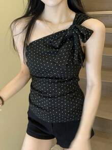 DAZY 女士波点单肩短袖T恤，时尚假日风，休闲韩式街头时尚，春夏款 - 黑色 - 查看 2