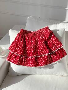 SHEIN EZwear Chân váy peplum in hình trái tim, cạp chun nhún cho nữ - Đỏ - Xem 4