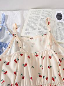 SHEIN Elladie kids 2pcs/Set Tween Girls Summer New Off Shoulder Adjustable Strap Patchwork Cake Hem Cherry Print/Blue Plaid Daisy Print Cute Simple Elegant Casual Vacation Dress Set - Multicolor - View 6