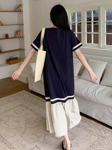 DAZY Đầm maxi nữ phối màu kiểu dáng thường ngày, thích hợp cho mùa hè, đi học, hoặc mặc cùng giáo viên. - Màu be - Xem 4