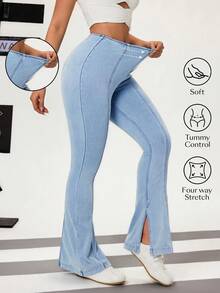 Flexra Women's Casual Washed Slim Fit Flare Leg Slit Jeans - Blue - View 8