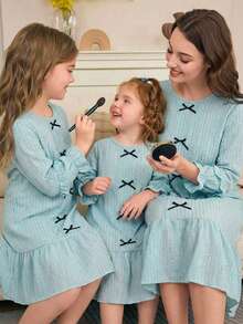 Girls Bowknot Design Knit Long Sleeve Round Neck Top + Casual Ruffle Hem Comfortable Loungewear, Spring/Autumn - Navy Blue - View 1