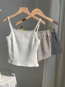 Conjunto de 2 piezas de mujer con tirantes finos, encaje, parches y lazo con estampado de lunares, para verano - Blanco y Negro - Ver 3