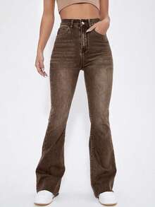 SHEIN Unity Washed Denim Blue High Waist Flare Leg Jeans - Coffee Brown - View 3