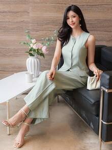 Bộ vest nữ màu trơn dáng thường ngày gồm áo blazer và quần ống rộng, thích hợp cho mùa xuân/hè, hoặc dự tiệc cưới. - màu xanh lá - Xem 1
