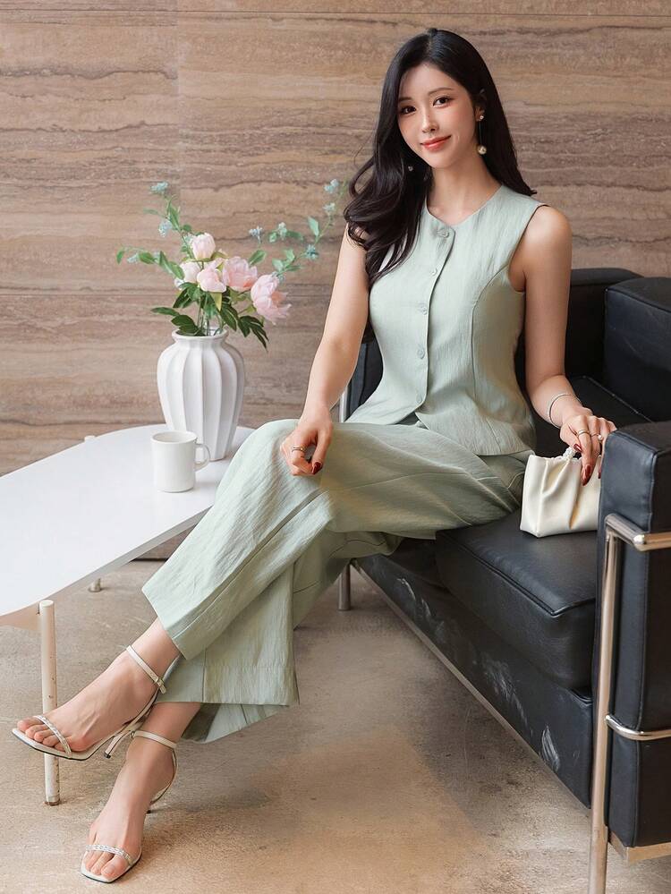 Women's Casual Solid Color Blazer Vest And Wide Leg Pants Suit Set, Spring/Summer,Wedding Guest Dress Women
