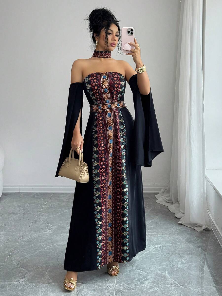 Yasmyna 女士花卉图案单肩开衩袖优雅阿拉伯连衣裙 - 黑色 - 查看 1