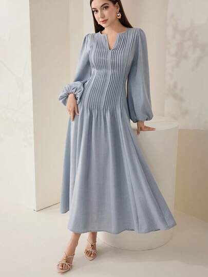 Veilorie Vestido elegante árabe de unicolor con cuello en V, mangas farol y plisado