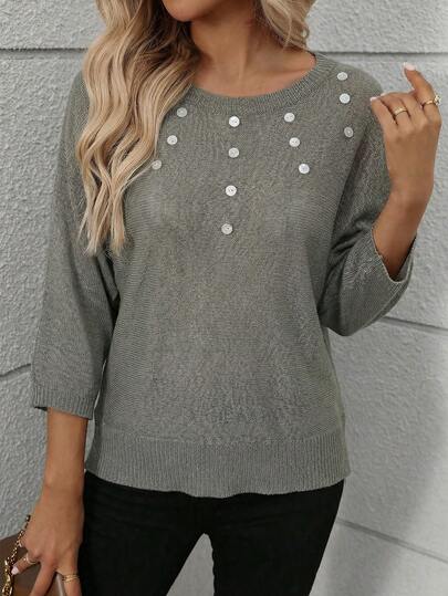 EMERY ROSE 女士纽扣装饰圆领休闲套头毛衣