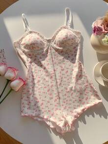 Comfortcana Women's Elegant Summer White And Pink Floral Lace Trim Built-In Bra Jumpsuit,Soft Knit Graphic Lounge Romper For Beach Vacation,Party & Home Leisure - Multicolor - View 6