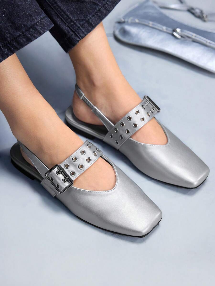 CUCCOO GRLICON Square Toe Slip-On Flats For Women Valentine's Day - Silver - View 1