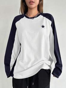 DAZY Áo thun Raglan dài tay in họa tiết ngôi sao năm cánh màu tương phản dành cho nữ, Quần áo mùa thu, Quần áo trở lại trường - Xanh và trắng - Xem 5