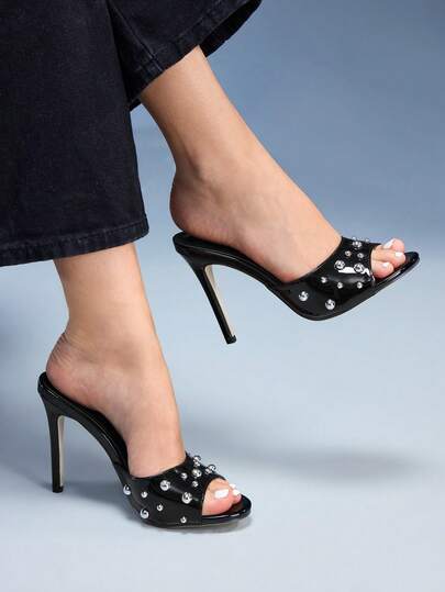 CUCCOO GRLICON 女士金属铆钉尖头细高跟凉鞋，性感朋克风时尚踝带露趾鞋