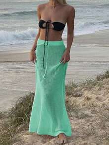 INAWLY Women's Solid Color Casual Knitted Long Drawstring Hollow Out Sweater Skirt - Mint Green - View 4