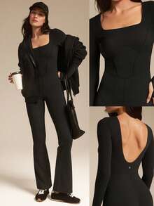 GLOWMODE FeatherFit™-Air Sunproof Flare Free Lightweight Square Neck Open U Back Long Sleeve Flare Leg Bodysuit With Thumbholes Low Impact Daily Casual Wear Removable Cups - Black - View 9