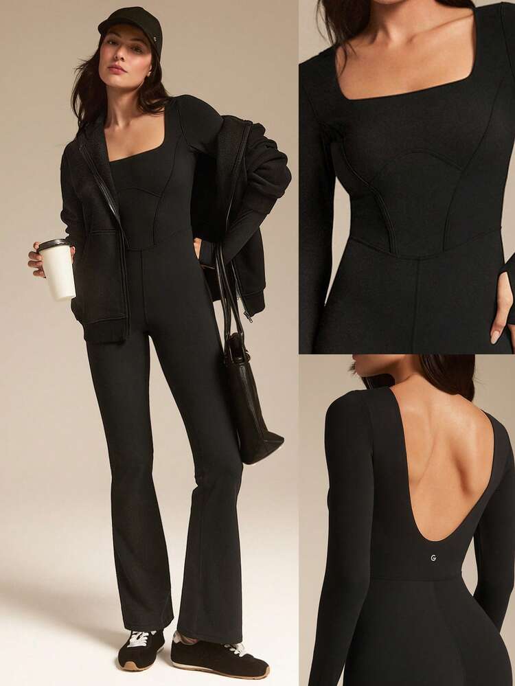 FeatherFit™-Air 日よけ無反射 軽量 スクエアネック オープンUバック 長袖 フレアレッグ ボディスーツ サムホール付き 低インパクト デイリーカジュアル 取り外し可能なカップ