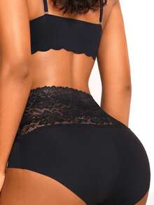 1 pieza Ropa interior de mujer NudeFit de unicolor con parches de encaje, cintura alta, suave y transpirable - Negro - Ver 2