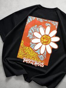 PAVTROS Men's Street-Style Popular INS Floral Graphic Oversized Oil Painting Graphic T-Shirt, Suitable For Outdoor Music Festivals, Nightclubs, Bars, Boyfriend/Husband Gift, Anniversary Gift, Black Oversized T Shirt Men Flower Graphic Tee Oversize T Shirt Flower Tshirt Men Men's Oversized Graphic Tee - Black - View 4