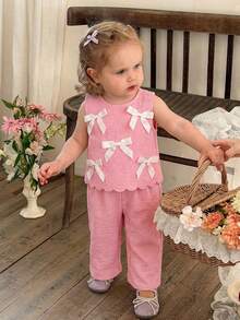 SHEIN LMoss Kids 2件套女婴编织圆领蝴蝶结装饰休闲背心和打底裤套装 - 粉色 - 查看 6