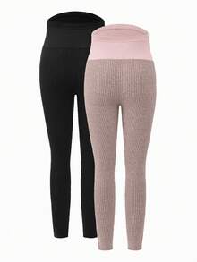 Modmama 2pcs Maternity Solid Color Basic Knitted Leggings, Casual Daily Wear - Pink - View 2