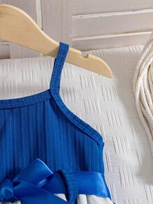 1件女婴夏季新款藏蓝色罗纹蝴蝶印花荷叶边下摆简约时尚可爱甜美无袖度假休闲连衣裙 - 藍色 - 查看 6