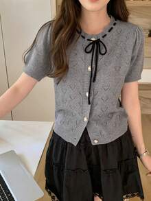 DAZY Women's Round Neck Hollow Heart Gray Short Sleeve Knit Cardigan - Grey - View 5