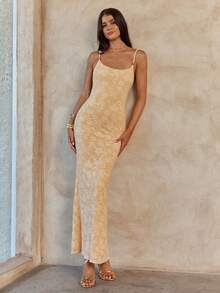 Enchnt Spring/Summer Romantic Women's Butter Yellow Jacquard Fitted Bodycon Backless Sexy Maxi Dress,Sweet&Elegant For Vacation&Date&Holiday&Going Out,Spring Outfit Women - Yellow - View 7