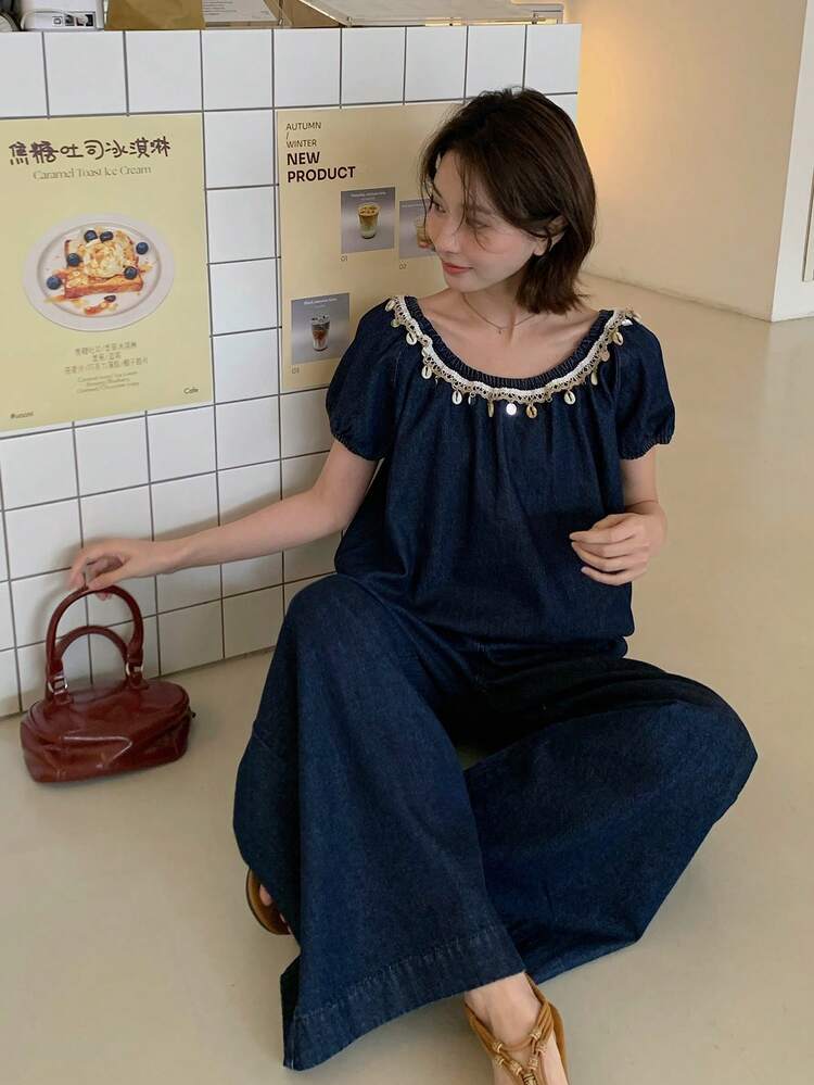 Women's Vacation Style Korean Washed Casual Shirt & Loose Fit Jeans Two Pieces Suit