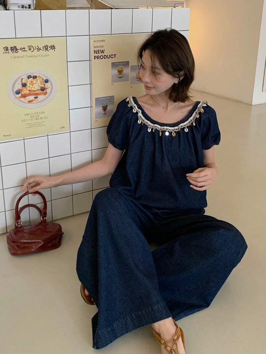 Women's Vacation Style Korean Washed Casual Shirt & Loose Fit Jeans Two Pieces Suit - Blue - View 1