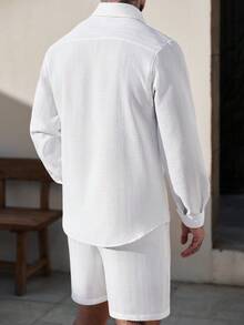 Manfinity Homme 男士纯色纹理休闲衬衫短裤套装，秋季款 - 白色 - 查看 2