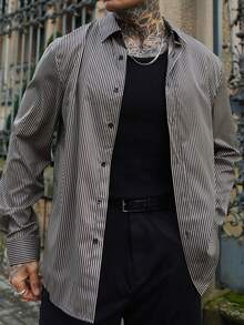 Artur Kramer Áo sơ mi nam dài tay in họa tiết sọc thời trang công sở, dành cho mùa thu - Màu Khaki - Xem 4