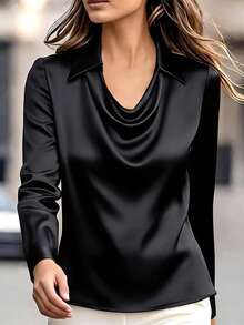 EMERY ROSE Women's Fashionable Elegant Draped Collar Satin Satin Blouse, Versatile For Casual, Commute, Date, Business, Daily Office, Graduation Ceremony Silk Tops For Women Business Casual Top Silk Blouse Office Blouse Satin Blouses For Women - Black - View 5