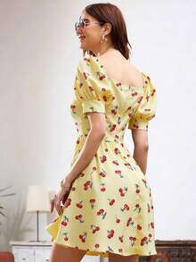Breezaya Cherry Print Puff Sleeve Casual Summer Dress - Yellow - View 2
