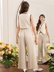 SHEIN Tween Girl Black And White Summmer Formal Contrast Color Button Front Vest Top And Pleated Wide Leg Pants Set,Young Girls Versatile 2 Piece Outfit - Apricot - View 2